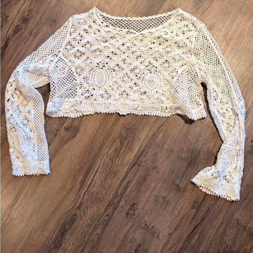 White Crochet Long Sleeve Top